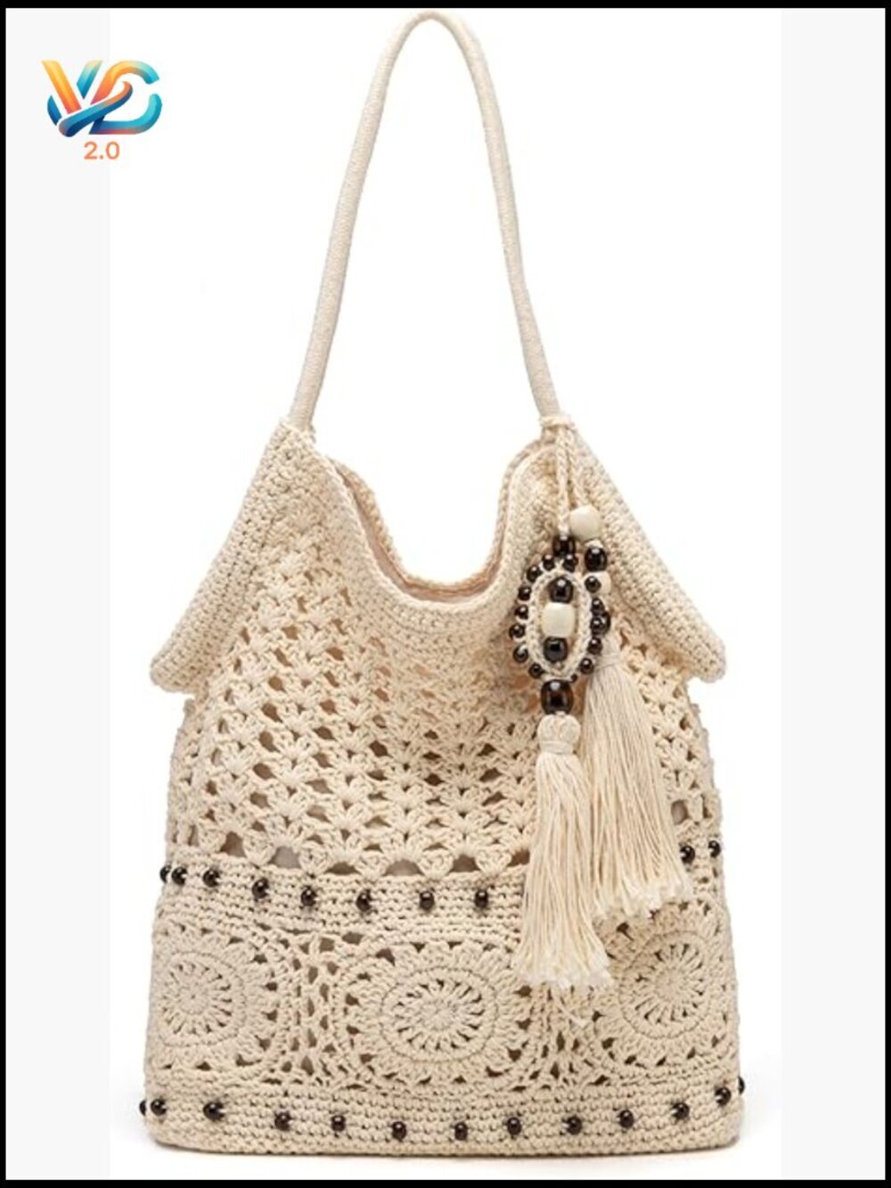 Woven Macrame Tote Bag Boho Crochet Hobo Shoulder Purse with Tassels